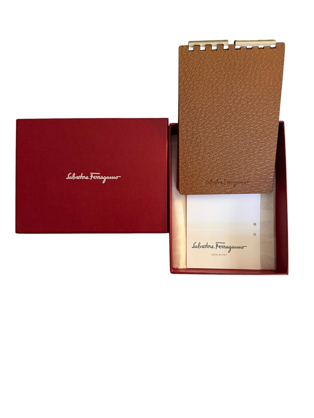 Salvatore Ferragamo Tan Leather Notepad with Red Signature Box